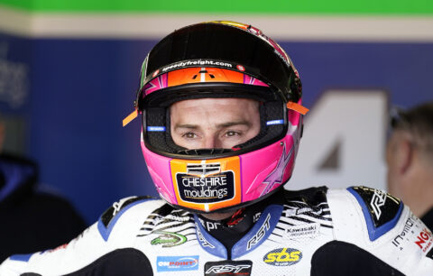 Lee Jackson, FS-3 Kawasaki, Kawasaki ZX-10RR, 2023 BSB, Donington Park, portrait, helmet, garage [credit/ Tim Keeton/Impact Images]