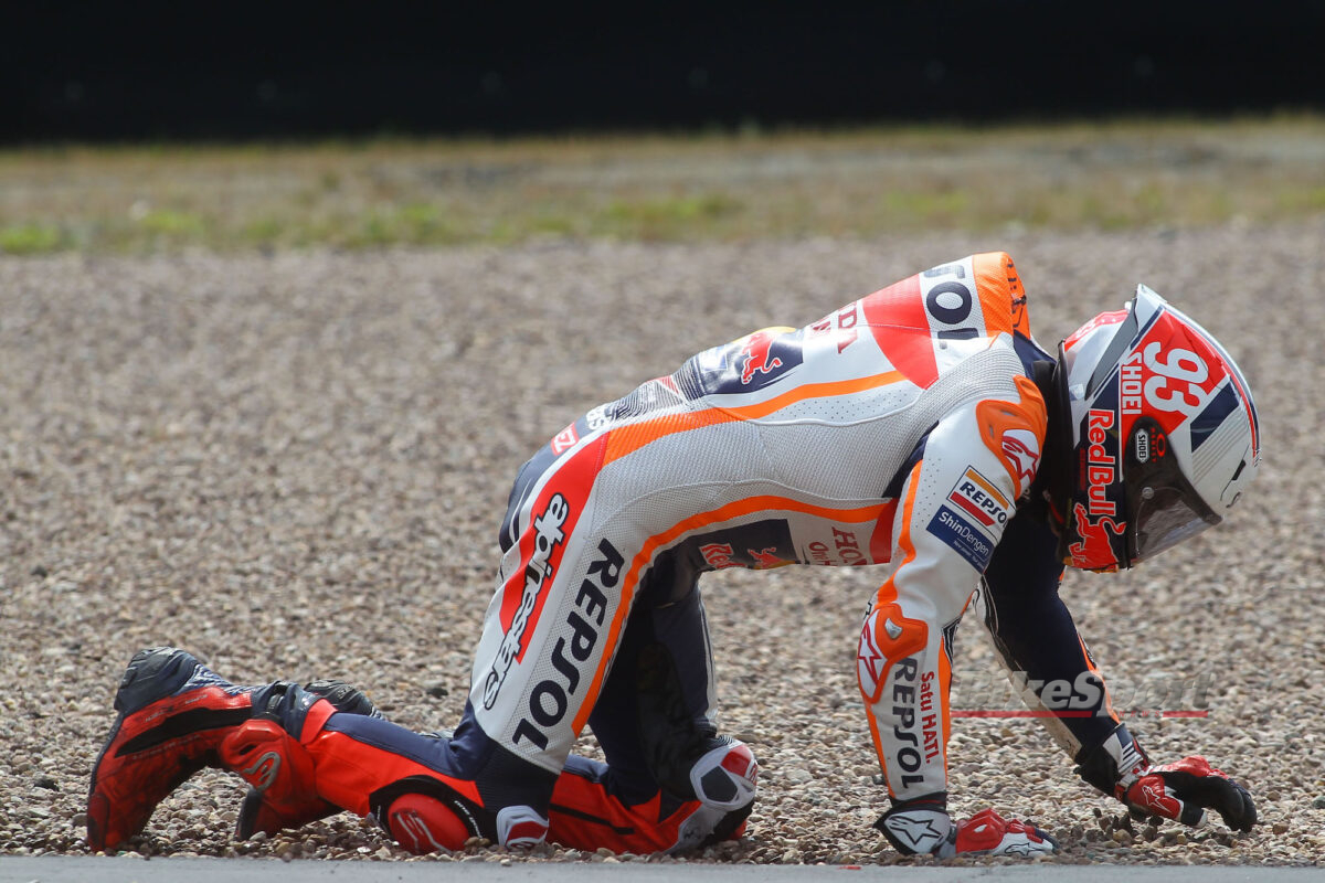 Marc Marquez, Repsol Honda, Honda RC213V, 2023 MotoGP, German MotoGP, Sachsenring, crash, fall, accident [credit - Gold & Goose]