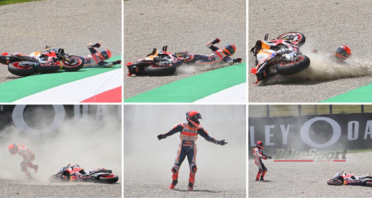 Marc Marquez, Repsol Honda, Honda RC213V, 2023 MotoGP, Italian MotoGP, Mugello, action, crash, fall [credit - Gold and Goose]