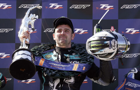 Michael Dunlop, Hawk Racing, Honda CBR1000RR-R, Superbike TT, 2023 TT, Isle of Man, podium, portrait, celebration [credit: Tim Keeton/Impact Images]