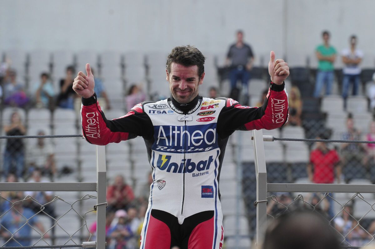 Carlos Checa, Althea Racing, Ducati Panigale 1198R, 2011 WorldSBK, Portimao, portrait, celebration [credit - Gold & Goose]