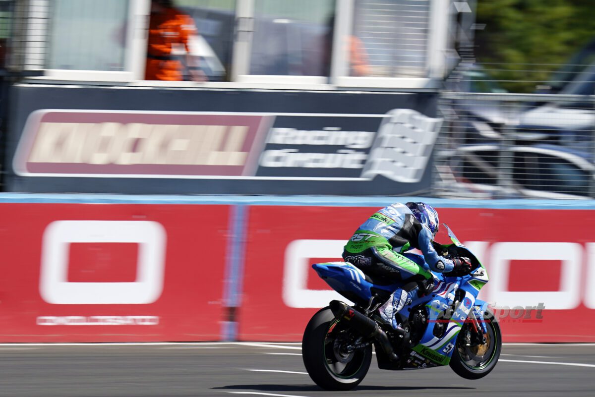 Dean Harrison, DAO Racing, Kawasaki ZX-10RR, 2023 BSB, Knockhill, action [credit/ Tim Keeton/Impact Images]