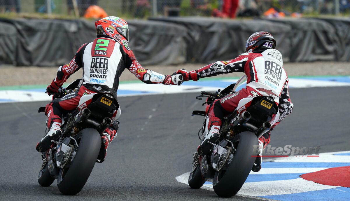 Glenn Irwin, Tommy Bridewell, BeerMonster Ducati, Paul Bird, PBM, 2023 BSB, Knockhill, action [credit - Tim Keeton/Impact Images]