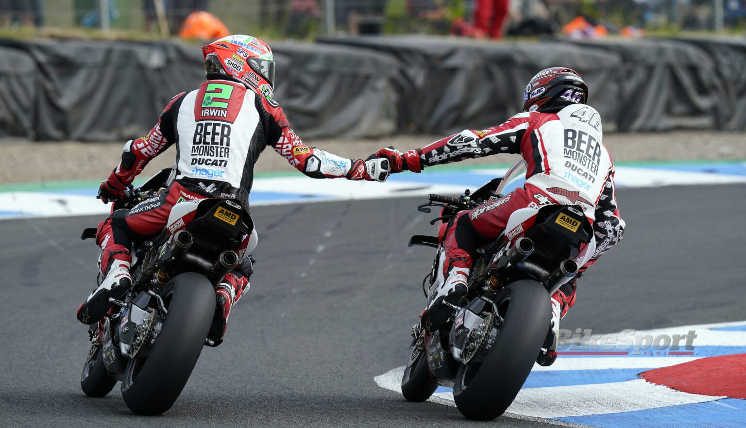 Glenn Irwin, Tommy Bridewell, BeerMonster Ducati, Paul Bird, PBM, 2023 BSB, Knockhill, action [credit - Tim Keeton/Impact Images]
