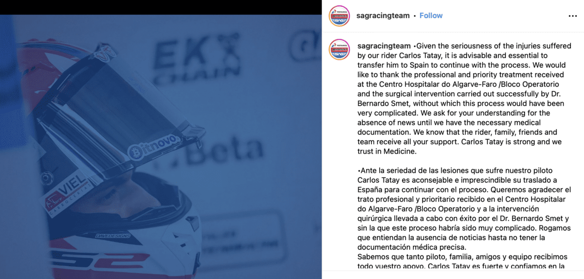 El piloto de Moto2 Carlos Tatay continúa el tratamiento en España, el equipo SAG pide que se detengan los falsos rumores