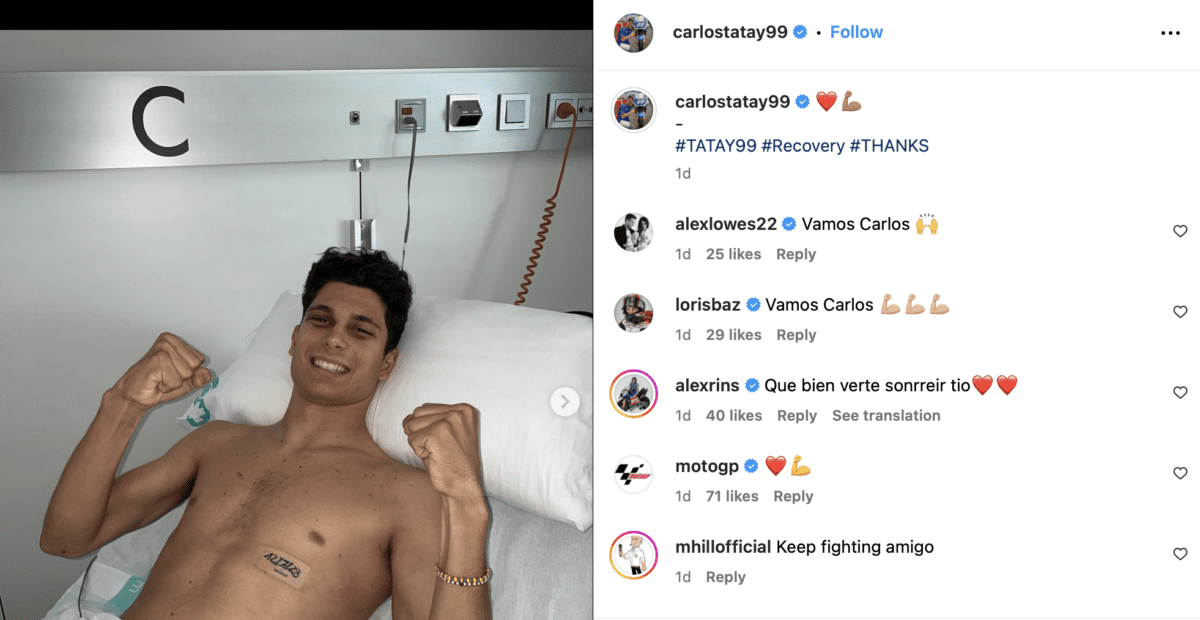 Screenshot 2023 07 14 at 10.11.55 El piloto de Moto2 Carlos Tatay todo sonrisas y camino a la recuperación tras el accidente de Portimao | Noticias BikeSport