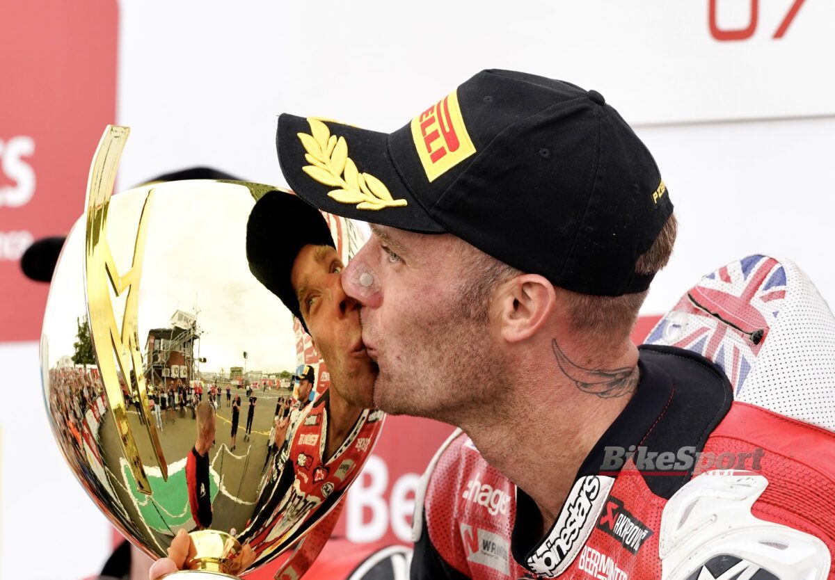 Tommy Bridewell, BeerMonster Ducati, Ducati Panigale V4 R, 2023 BSB, Snetterton, portrait, podium, celebration [credit - Tim Keeton/Impact Images]