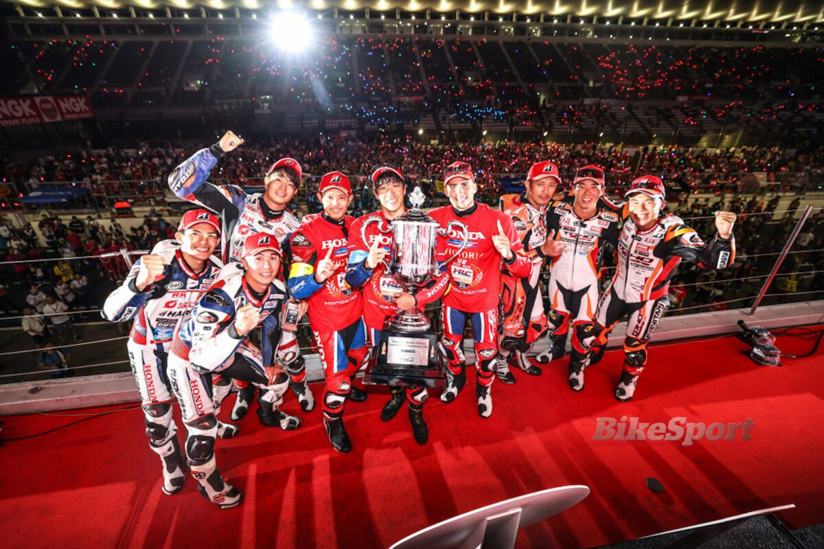 Podium celebrations for the 2023 Suzuka 8 Hours featuring the late Haruki Noguchi [credit - FIM EWC]