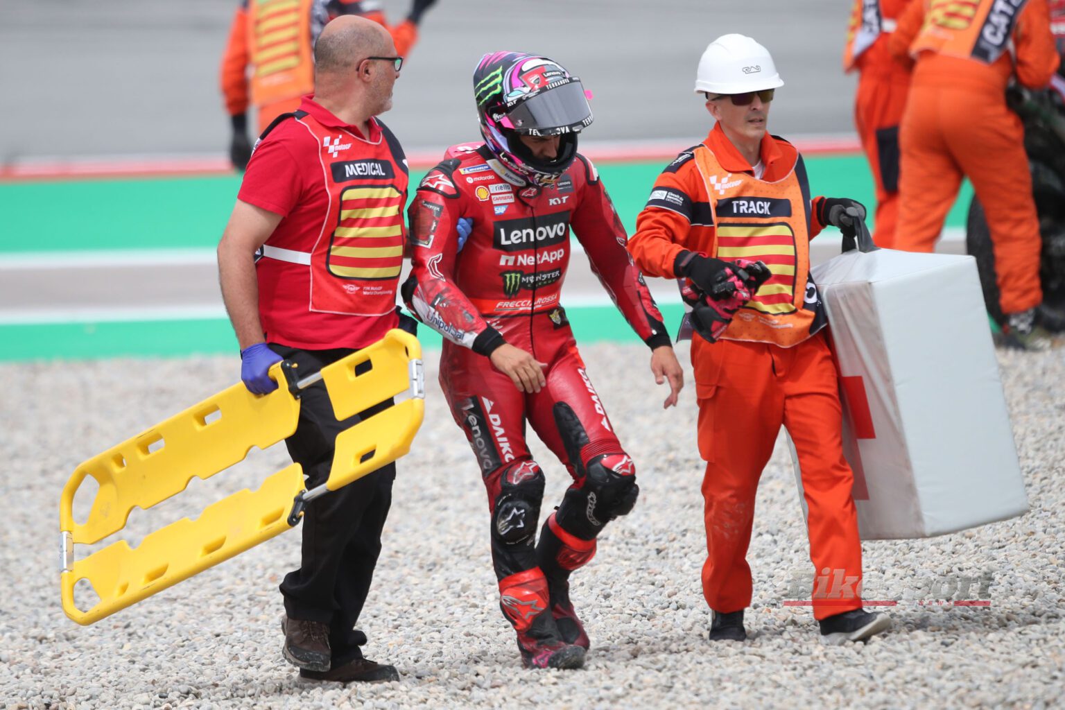Enea Bastianini, Ducati Lenovo Team, Ducati GP23, 2023 MotoGP, Catalunya MotoGP, portrait, crash [credit - Gold & Goose]