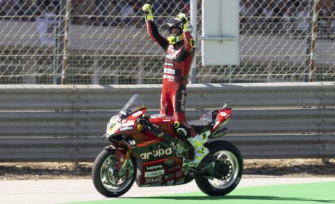 Alvaro Bautista, Aruba Racing, Ducati Panigale V4 R, 2023 WorldSBK, Portimao, action, celebration [Gold & Goose]