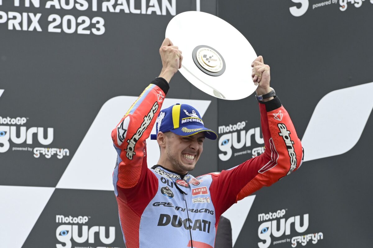 Fabio di Giannantonio, Gresini Racing, Ducati GP22, 2023 MotoGP, Australian MotoGP, Phillip Island, portrait, podium, celebration [Gold & Goose]