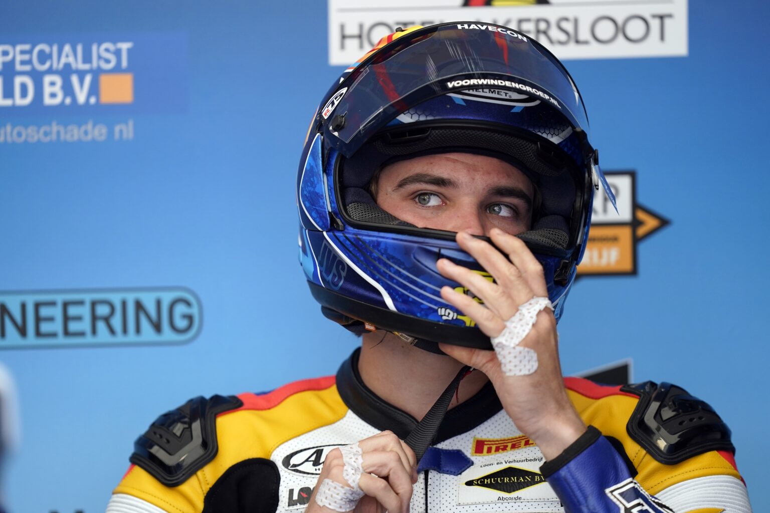 Jaimie van Sikkelerus, MTM-Routz, Yamaha R6, 2023 British Supersport, Knockhill, portrait, pit, box, helmet [Impact Images]