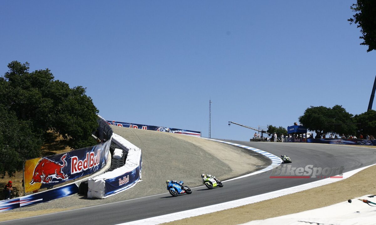 Loris Capirossi, Rizla Suzuki, Suzuki GSV-R, 2010 MotoGP, US MotoGP, Laguna Seca, action, corkscrew [Gold & Goose]