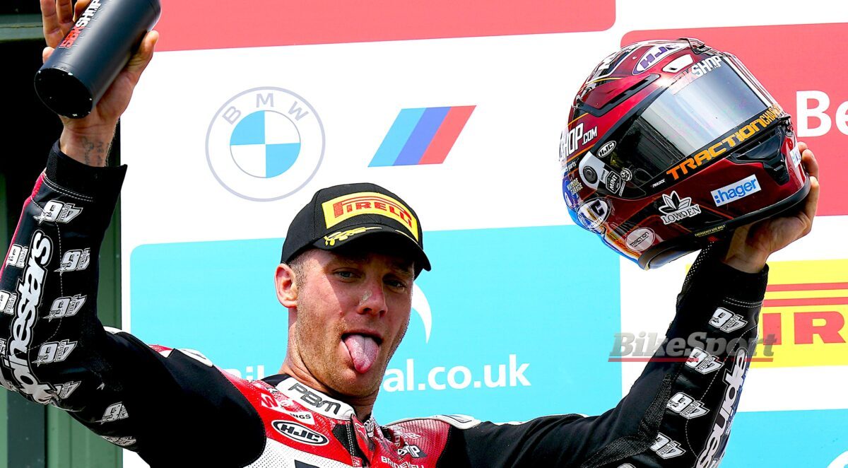 Tommy Bridewell, BeerMonster Paul Bird Motorsport, Ducati Panigale V4 R, 2023 BSB, Knockhill, portrait, podium, celebration [Impact Images]