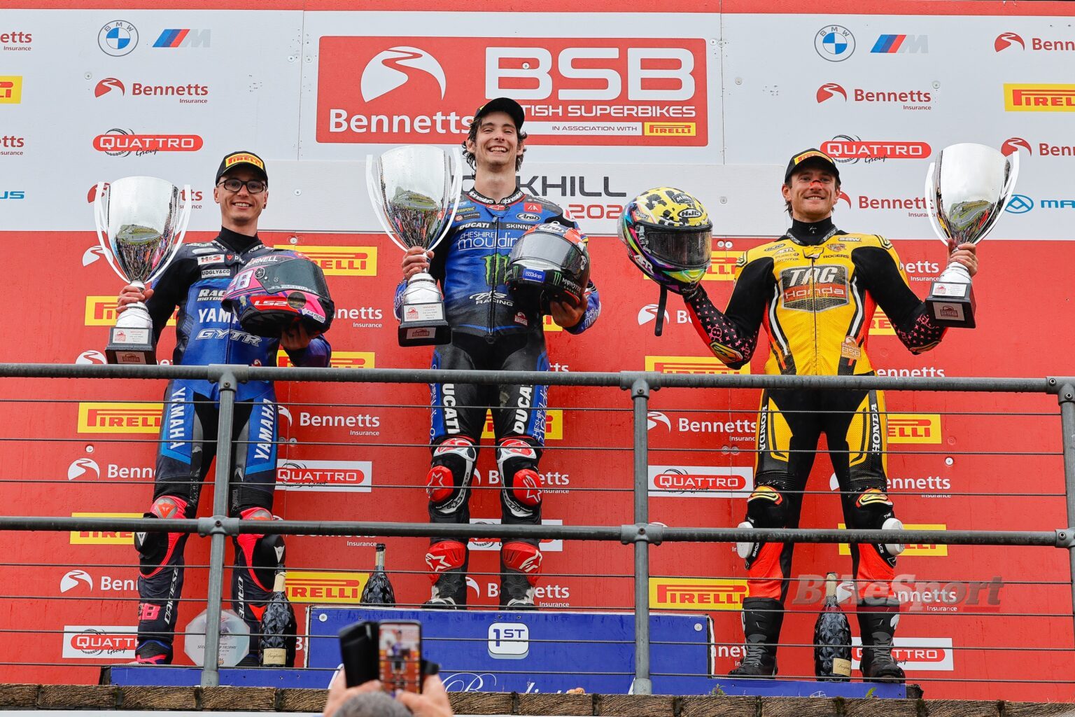 Bradley Ray, Rory Skinner, Fraser Rogers, 2025 BSB, Knockhill, portrait, podium, wet [credit: Ian Hopgood Photography]